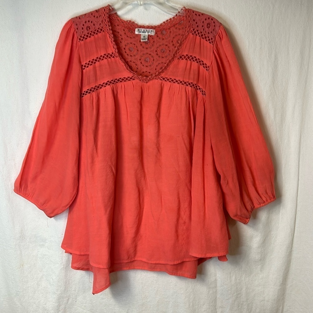 Studio Women’s Tunic Plus Size 1X Melon With Embroidered Lace Detail Flowy